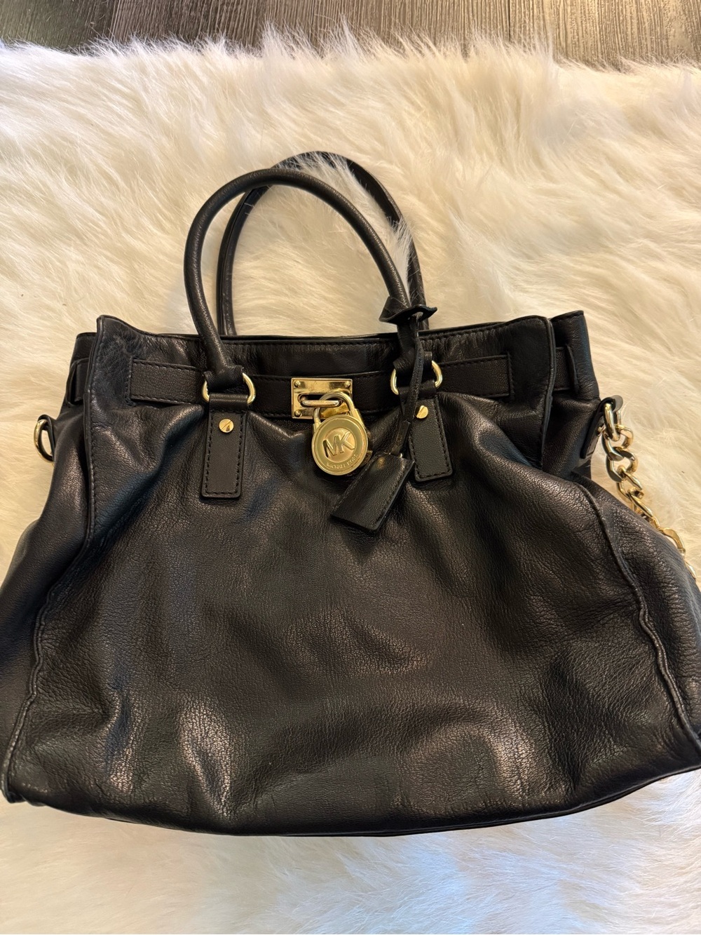 Michael Kors Black Leather Satchel with Gold-Tone Accents - Picture 1 of 7